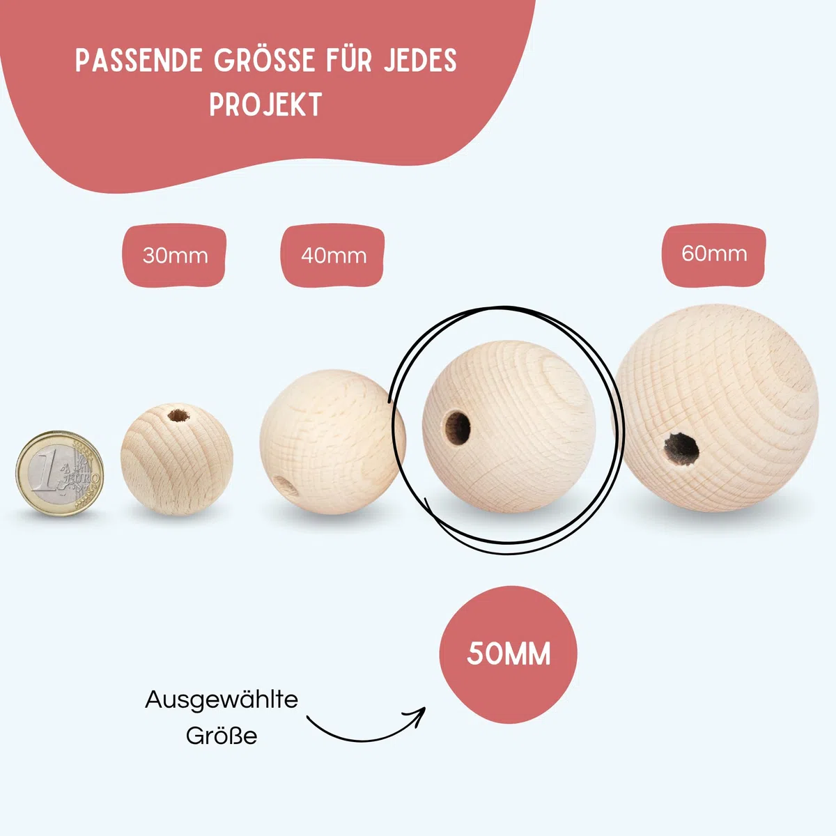 EV® Holzkugeln mit Loch - 12 Stück 50mm Durchmesser - Made in Austria - Große Holzperlen zum Auffädeln mit 8mm Bohrung, Gedrechselt aus Hochwertigem Buchenholz