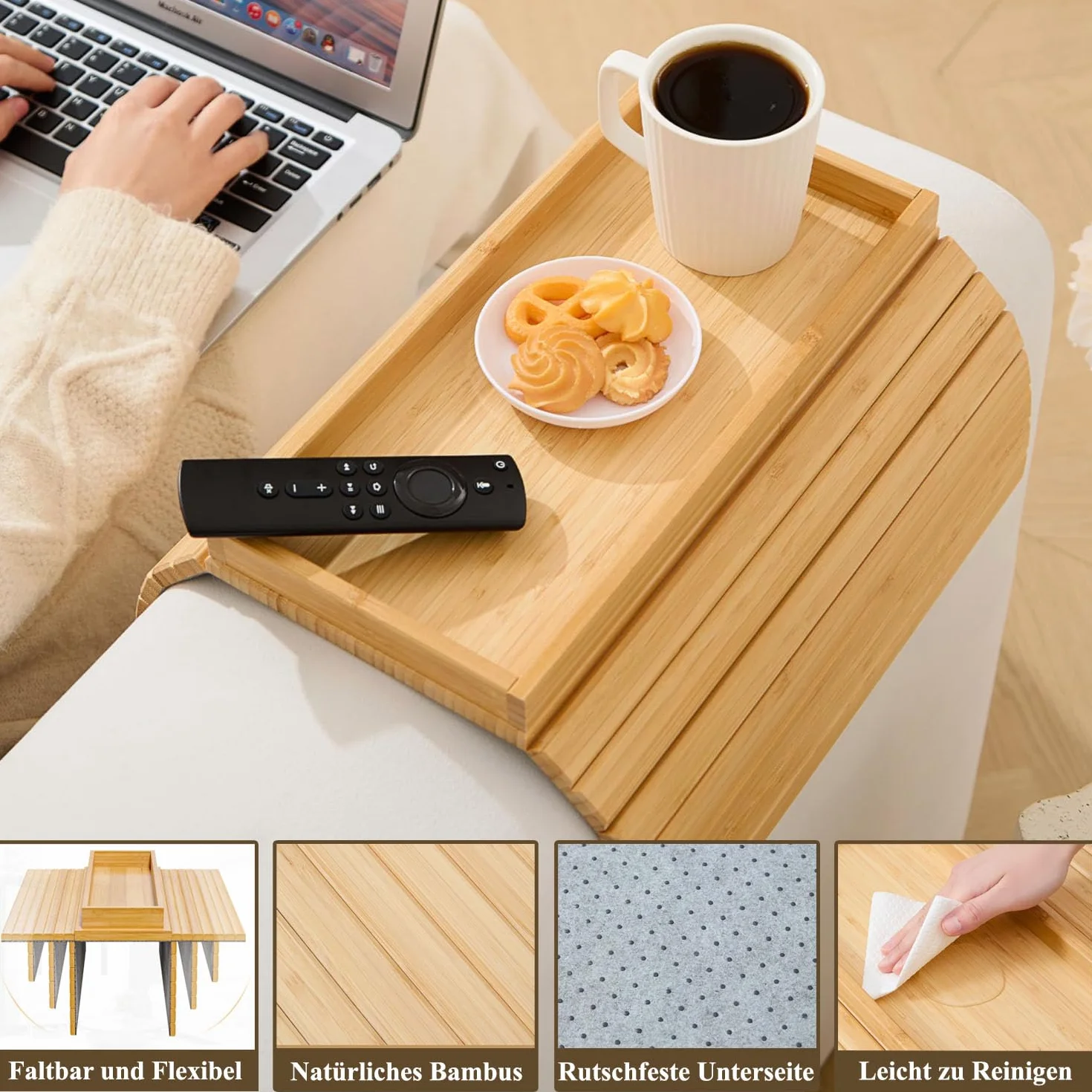 Sofatablett, Faltbares Bambus Rutschfester Couch Tablett, Armlehne, Couch Sofa Tisch für Snacks, Handy, Tassen