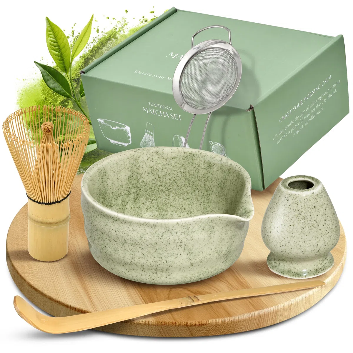 comforder Matcha Set mit Besen – Komplett mit Matchaschale mit Ausgießer, Chasen, Halter, Löffel und Edelstahlsieb, 500 ml Schale in Geschenkdose, 5-teilig, Grün