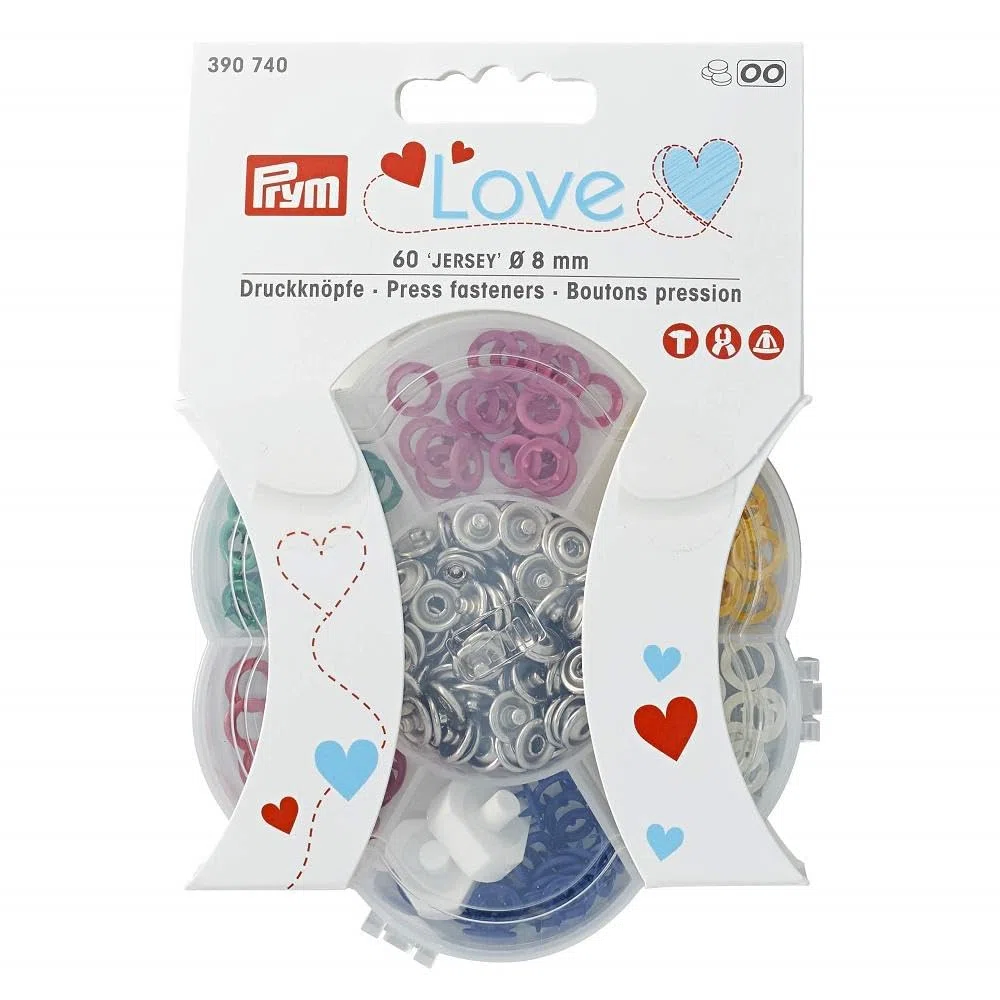 Prym 390740 Love Druckknöpfe Jersey Box, 60 Stück, Ø 8 mm, 6 Farben, Messing