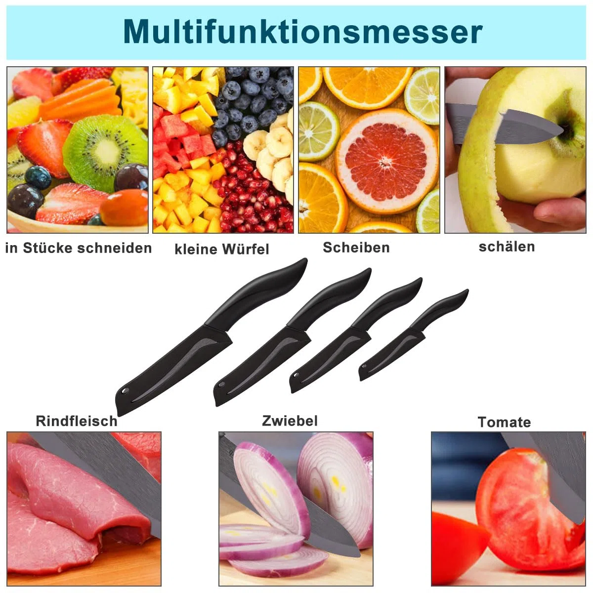 Keramikmesser Set 4 - Sehr scharf Gemüsemesser Gute Handhabung küchenmesser klein, Enthält ein 7.6cm Schälmesser, ein 10cm Obstmesser, ein 12.7cm Universalmesser, ein 15.2cm Kochmesser (Schwarz)