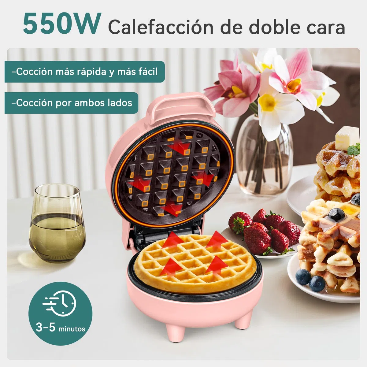 SNAILAR Mini Waffeleisen Belgische Waffel Maschine Kleines Waffeleisen Klassische, für Kindergeburtstage, Familienfeiern, Ostern oder Weihnachten, Niedlich kompaktes Design, 550 Watt, Rosa