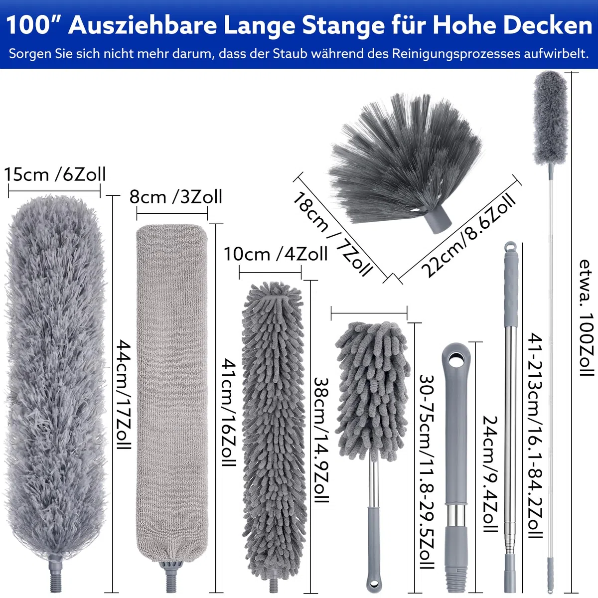 Wlich 8 Teiliges Staubwedel Teleskop Mikrofaser, Staubwedel Lang Ausziehbar mit Teleskopstange bis 250cm Staubwischer Waschbar für Spinnweben Hohe Decken Lücken, Wiederverwendbares Reinigungsset
