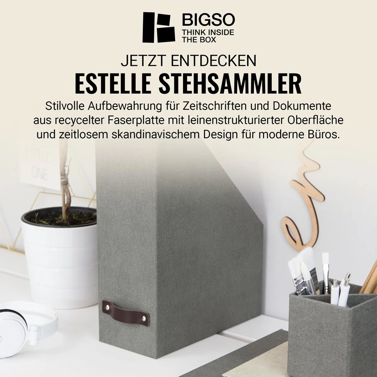 BIGSO ESTELLE Stehsammler für Zeitschriften, Magazine und Akten – praktischer Organizer aus Faserplatte und Papier in Leinenoptik – stabiler Zeitschriftenhalter mit Griff – grau