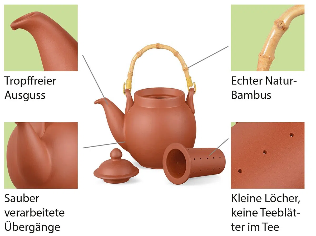 Ton Teekanne Tenno 0,8 Liter mit Tonsieb und Bambushenkel, Handgefertigt, Original Aricola®
