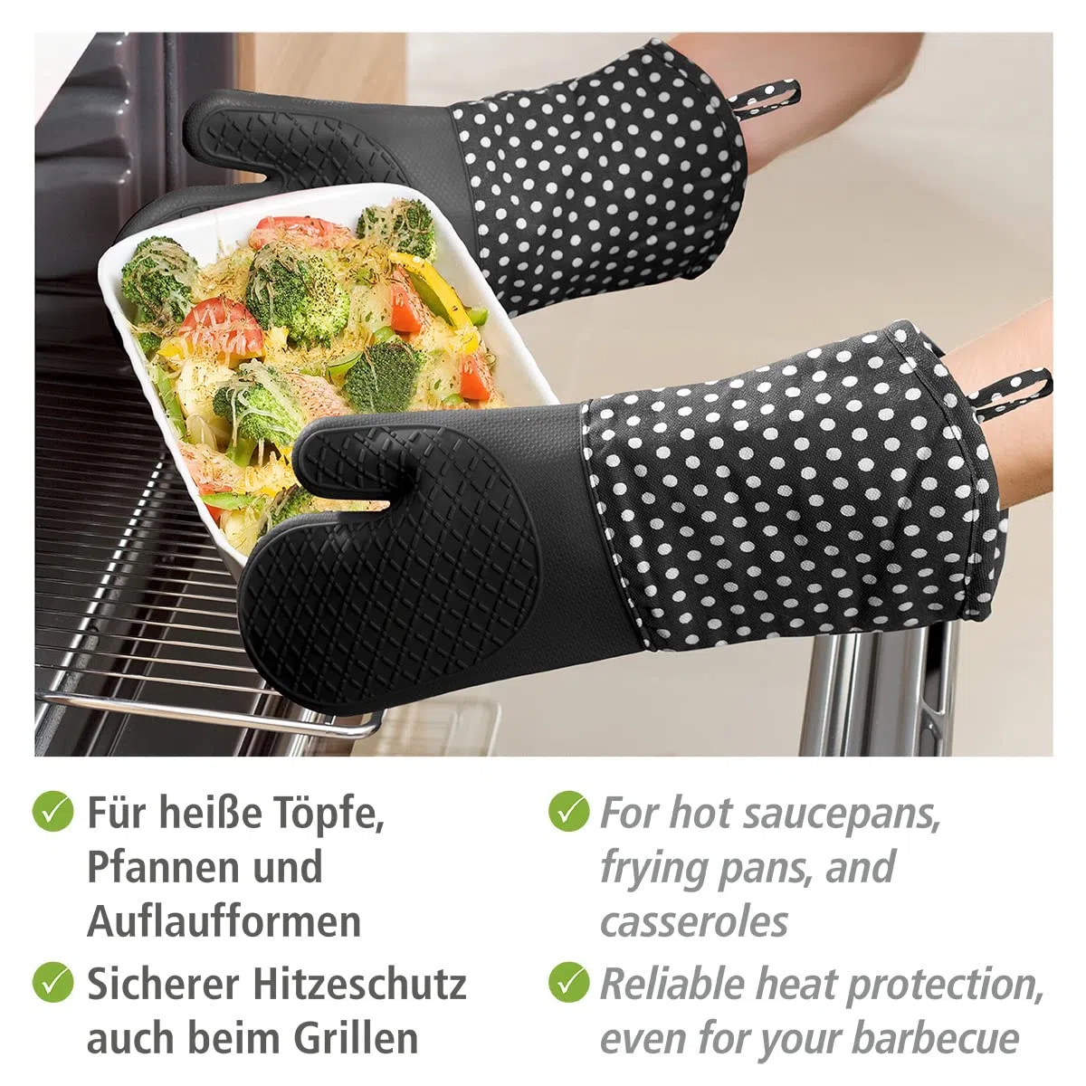 WENKO Topfhandschuhe mit Handflächen aus Silikon, 1 Paar, praktischer Küchenhelfer, auch als Grillhandschuh verwendbar, hitzebeständig, 18,5 x 37,5 cm, Schwarz