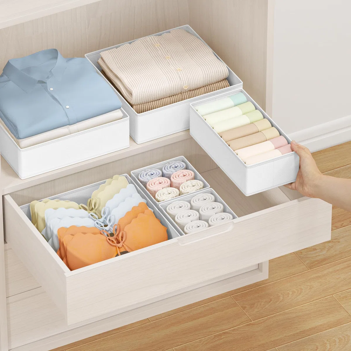 DIMJ Schubladen Ordnungssystem Organizer - Pax Organizer Wickelkommode, Stoff Aufbewahrungsbox Kleiderschrank Schubladen Stapelbar für Kleidung, Socken, BHS, 12 Stück, Weiß