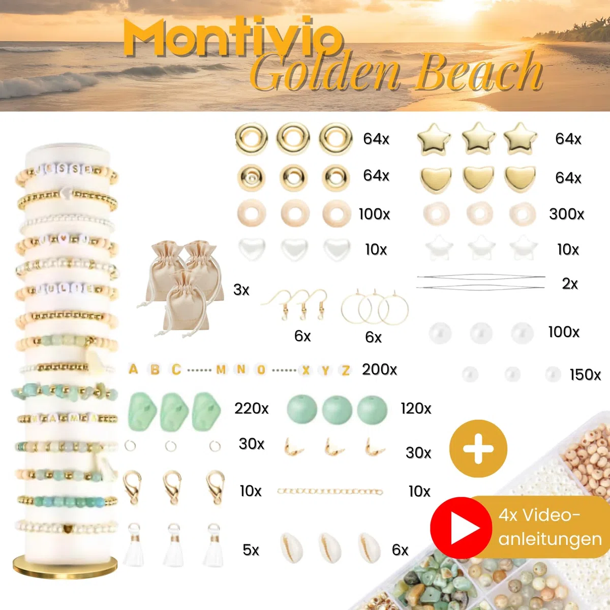 montivio Golden Beach, Natürliche Perlen, Naturstein, Amazonit perlen, Perlen für Armbänder, Perlenset mit Videoanleitung, Armbänder Selber Machen, Perlenset, Schmuck Selber Machen Set, Schmuck