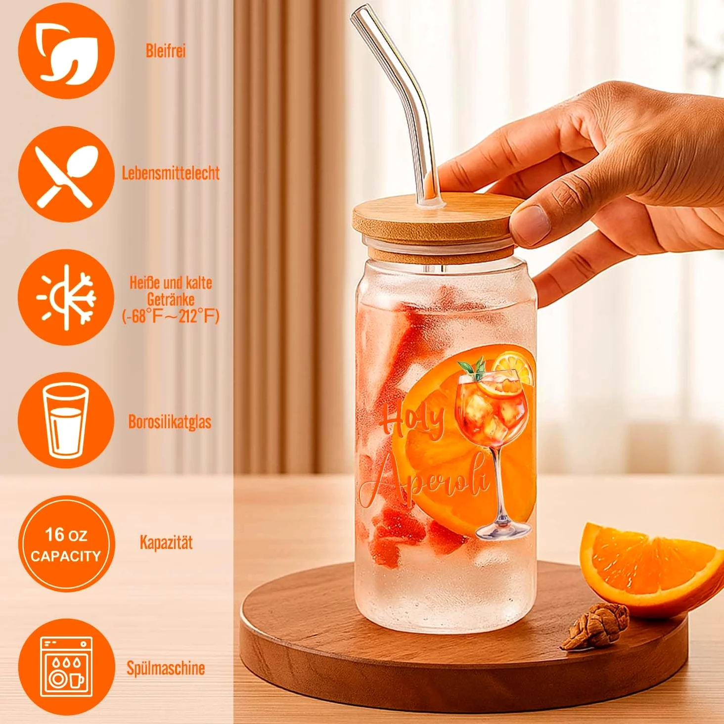 Aperol Spritz Gläser Glas mit Deckel Strohhalm Aperol Accessoires Aperol Geschenke für Frau Aperol Spritz Gläser Geschenkset (Aperol straw cup)