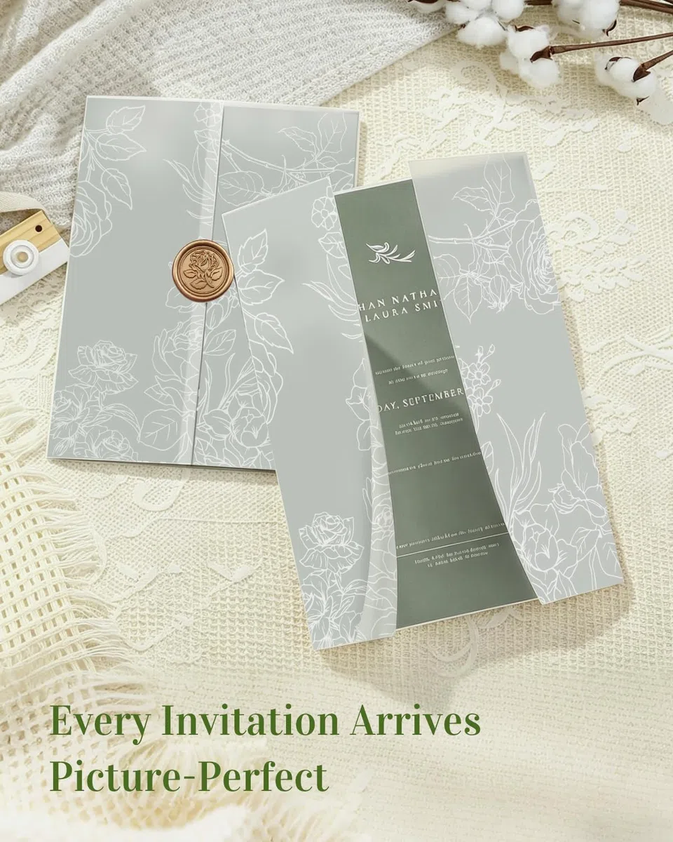 Uniclife 100er Pack Hochzeitstransparenthüllen für 13x18 cm Einladungen, 115 GSM Transparentes Pergamentpapier Einladungshüllen Vorgefaltete Florale Hochzeitseinladungsverpackungen (Weiße Rose)