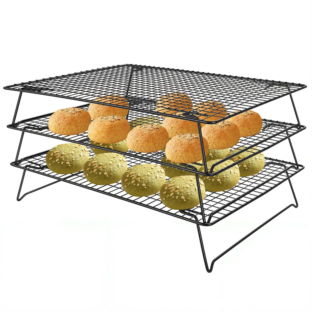 3 Stufiges Abkühlgitter Groß (42,5x27,7cm) – Kuchengitter Faltbar aus Kohlenstoffstahl, Gitterrost Backutensilien Stapelbar & Platzsparend für Backen, Grillen & Abtropfen