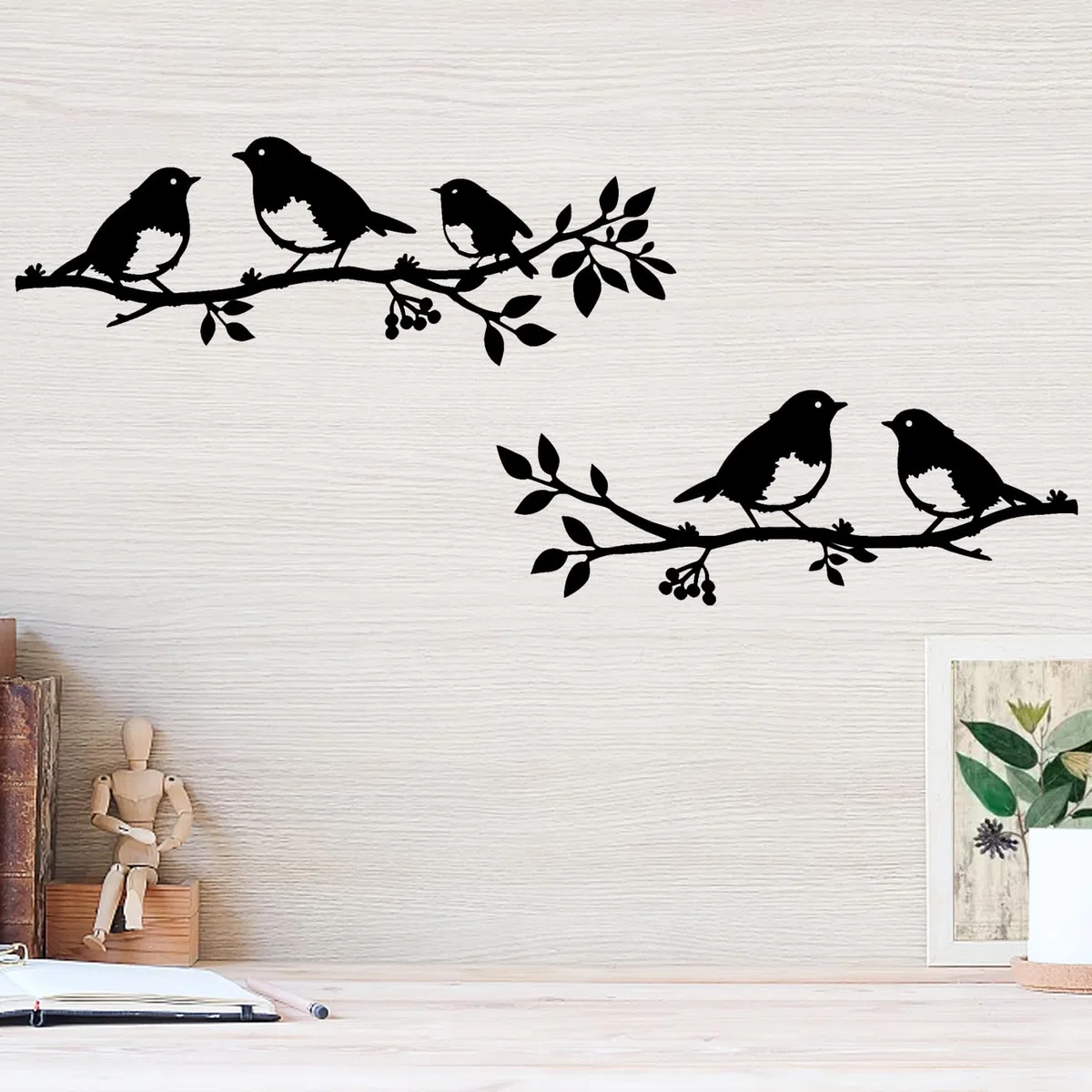Pduoduo 2 Stück Metall-Vögel-Wandkunst mit hängenden Blättern | Metall Ornament Zweig, Wandhängende Zeichen, Für Balkon Indoor Outdoor, Dekoration