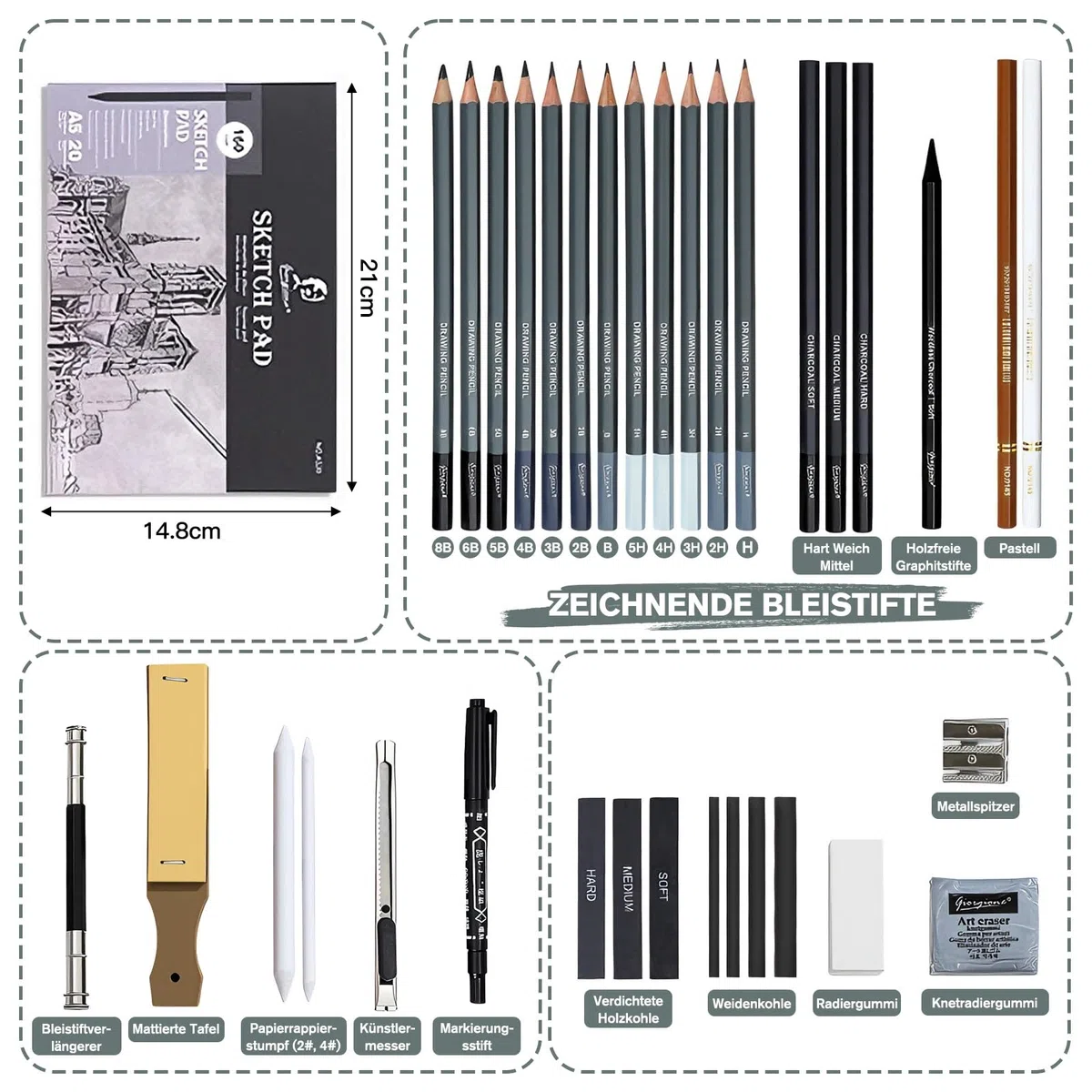 39-teiliges Zeichenset Skizzenstifte Set, Zeichenstifte Künstlerbedarf mit Skizzenbuch Graphitstiften Pastellkreiden, Kohlestiften, Professionelles Zeichenset für Erwachsene, Künstler und Anfänger