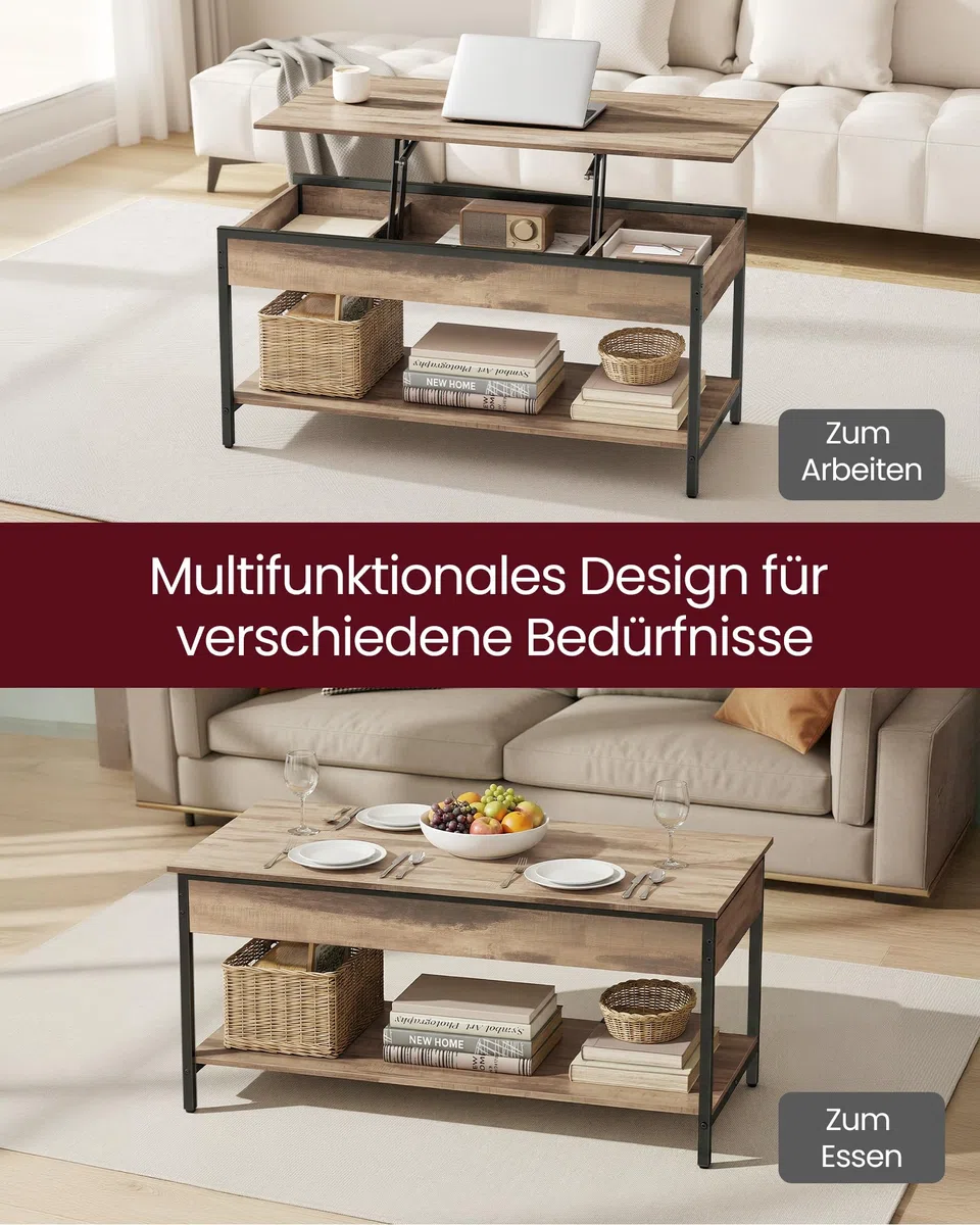 VASAGLE Couchtisch, höhenverstellbarer Wohnzimmertisch, Kaffeetisch, mit offenem Fach und versteckten Fächern, 50 x 100 cm, Kamelbraun-tintenschwarz LCT261LB02