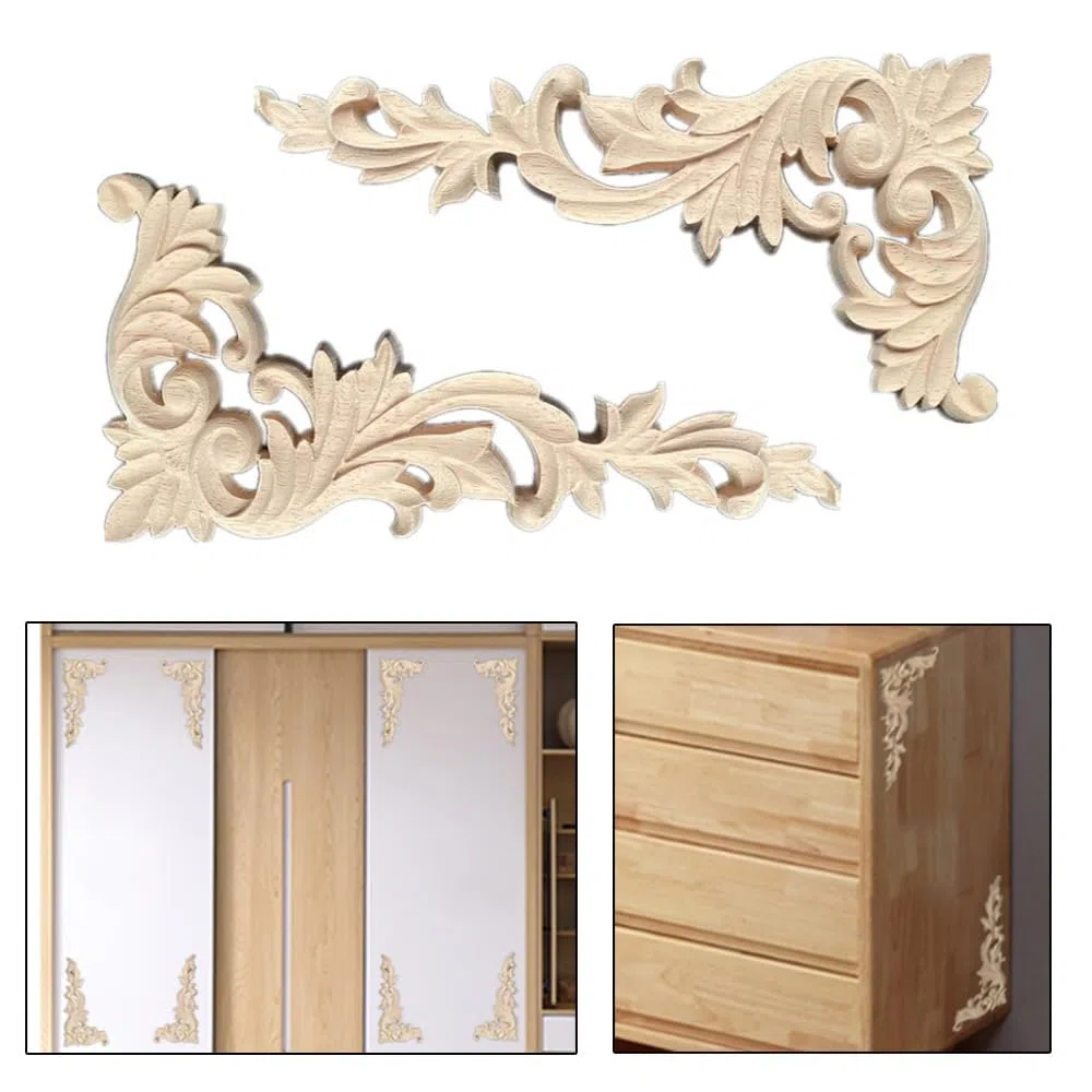 Holzornamente für Möbel - 4 Stück Geschnitzt Corner Ornament Holzschnitzerei Applikation Möbel Appliques Ecke Onlay, 20 x 10 cm