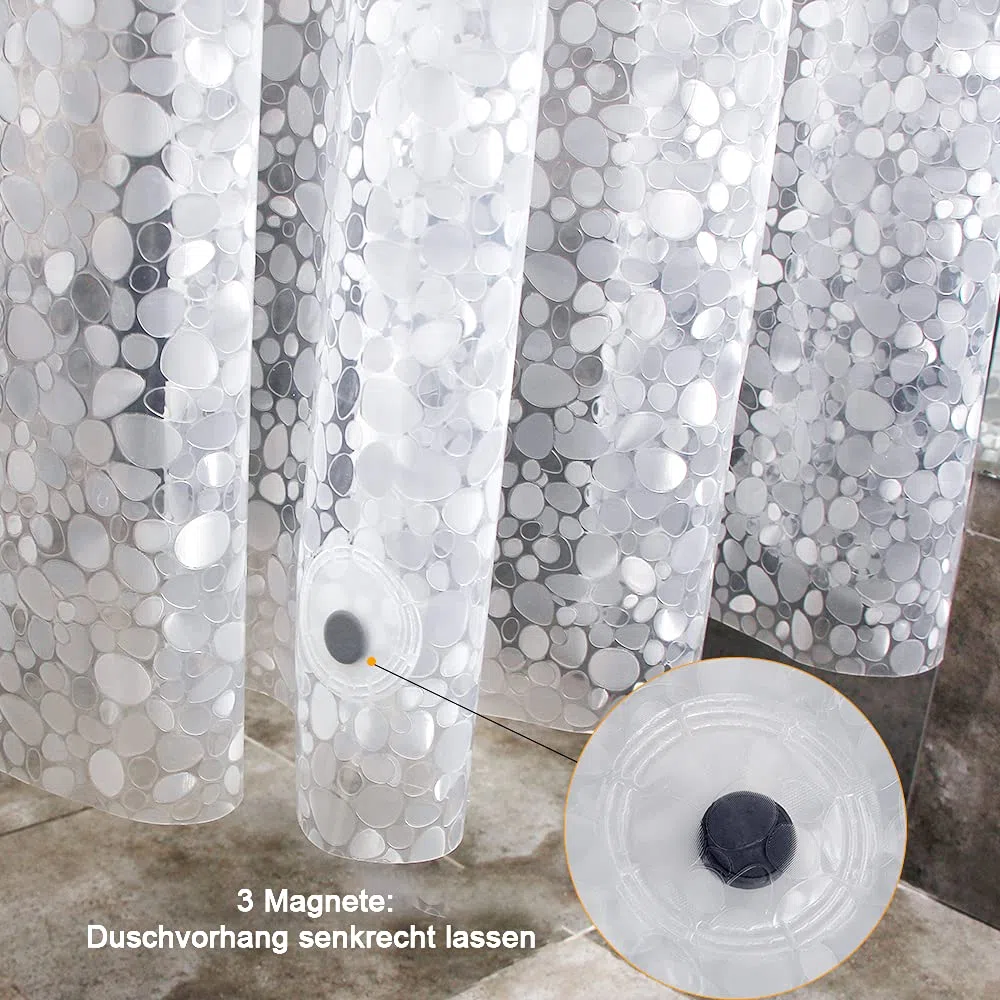 WELTRXE Duschvorhang Anti-Schimmel mit Gewicht Magnet unten, 0.2mm [183x183cm] Wasserdicht Antibakteriell EVA Vorhang für Dusche und Badewanne, 3D Steinmuster, inkl. 12 super Duschvorhangringen Kinder