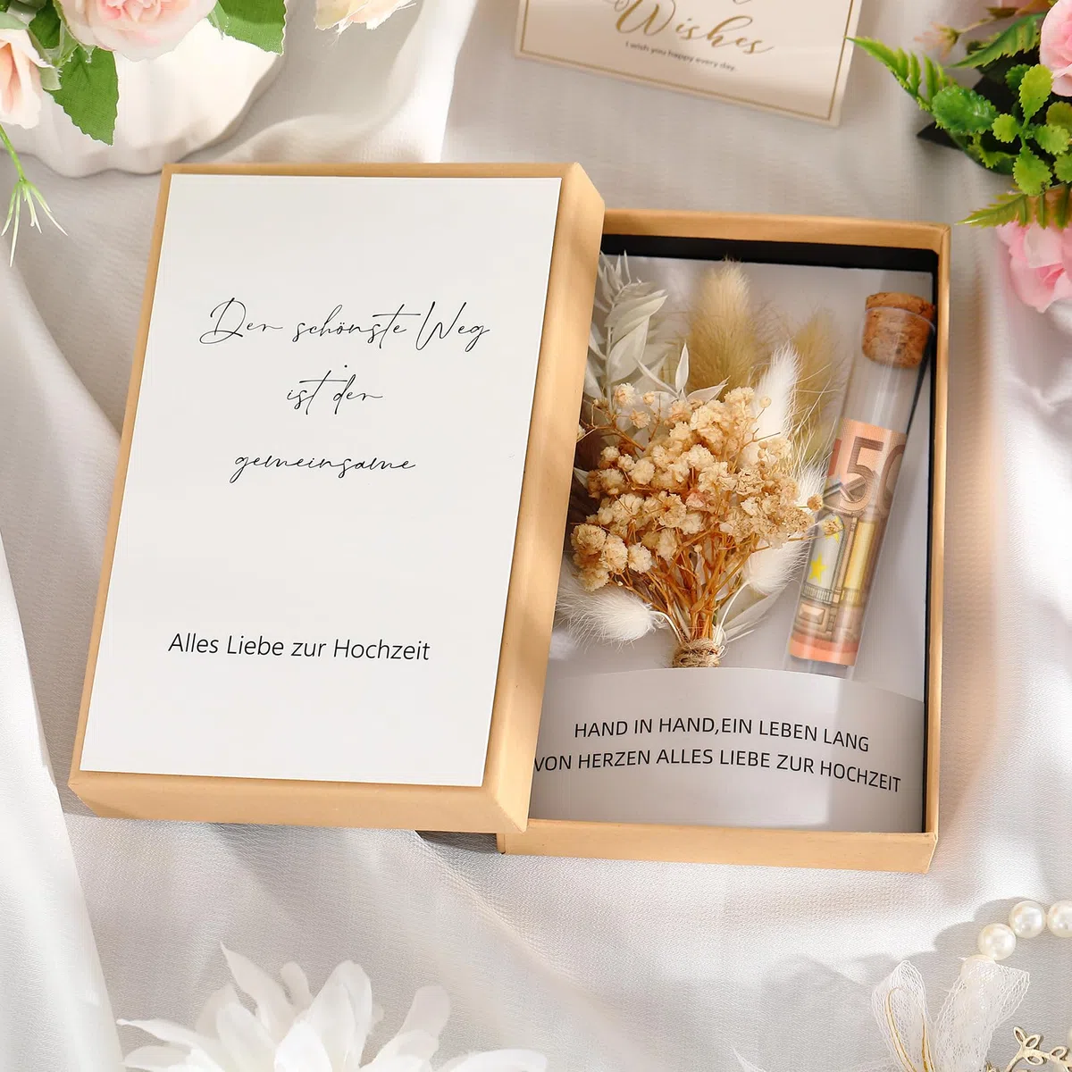Hestya Hochzeitsgeschenke für Brautpaar Geldgeschenk Hochzeit Geld Geschenk Verpackung mit Hochzeitskarte Geschenkbox Trockenblumen Kunststoff Reagenzglas(Schönste Weg)