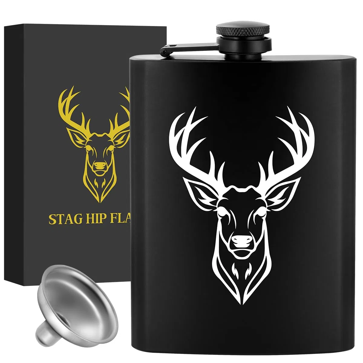 8oz/237ml Edelstahl Flachmann, Taschenflasche, mit Trichter und Grußkarte, Geschenkbox, Weißer Hirschkopf Muster, Geschenk für Outdoor Flachmann, Perfekt für Camping, Wandern und Outdoor Aktivitäten