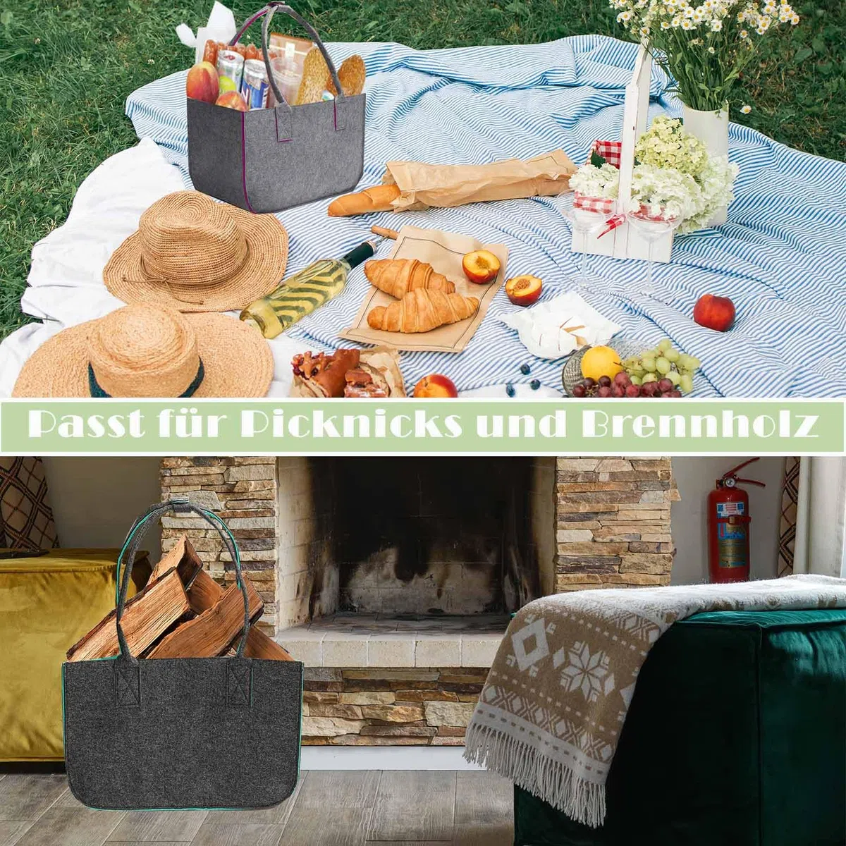 2 Stück 30L Filztaschen Shopper Groß, Einkaufstasche Faltbar Filz Einkaufskorb mit Lange Henkel, Stabiler Einkaufs Tasche mit Innentasche, Filztasche Kaminholz Filzkorb (Dunkelgrau)