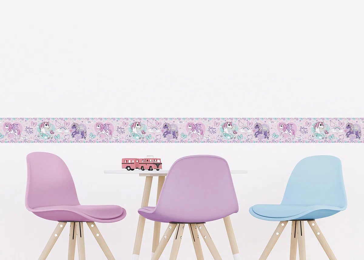 Selbstklebende Bordüre Einhorn AG Design, AWBD 8026 | Wasserfest Kinderzimmer Wand Aufkleber Dekoration | Wandbordüre für Mädchen und Junge | Folie, Mehrfarbig | Breite 500 cm x Höhe 13.8 cm
