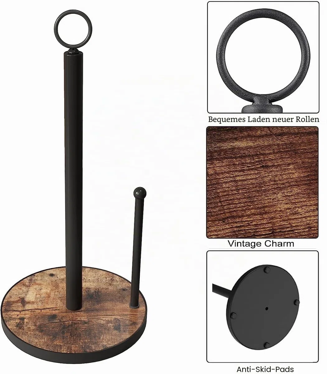 OROPY Küchenrollenhalter Stehend mit Schwerer Holzbasis, Landhausstil Papierrollenhalter für Küchentheke, Geeignet für Standard und Jumbo Größe Küchenrollen (Braun - Leicht Abzureißen)