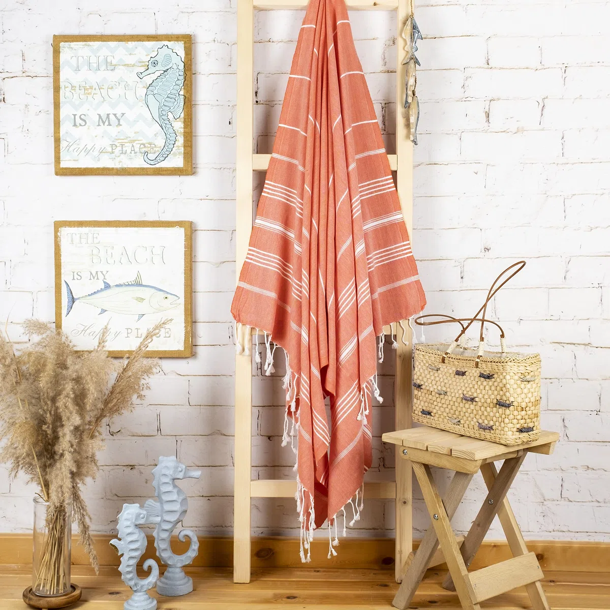 LAYNENBURG 2er-Set Premium Hamamtuch mit handgeknüpften Fransen - 100% Baumwolle - XXL Strandtuch 100x200 cm - Oeko-TEX 100 - Strandhandtuch groß - Saunatuch & Reisehandtuch (Coral)