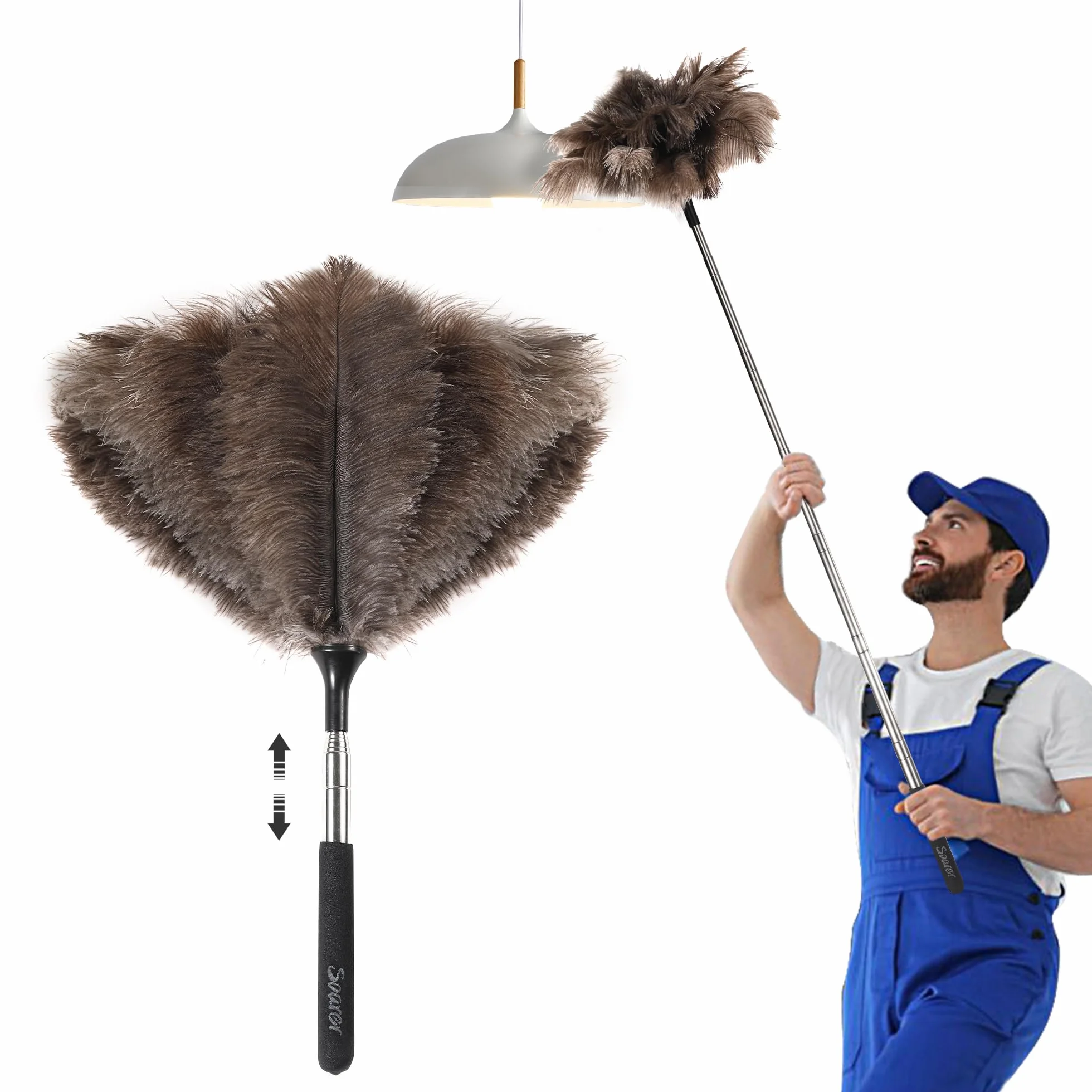 Soarer Ausziehbarer Straußenfeder-Staubwedel – 101,6 cm Flauschiger Langer Griff, wiederverwendbarer Staubwedel zur Reinigung von Deckenventilatoren, Hängelampen, hohen Decken, Jalousien, Möbeln