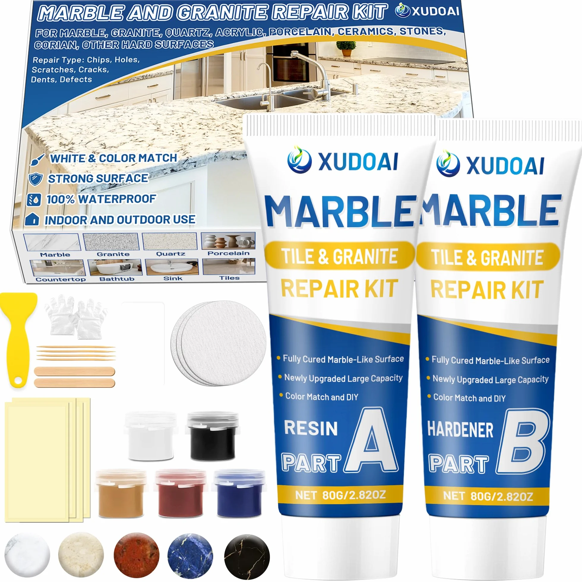 Marmor und Granit-Reparaturset (Farbübereinstimmung), 160g Fliesen Reparaturset für Chips Löcher Dellen Defekte Kratzer Risse, DIY Fix Porzellan Fliesen Waschbecken Stein Andere harte Oberflächen