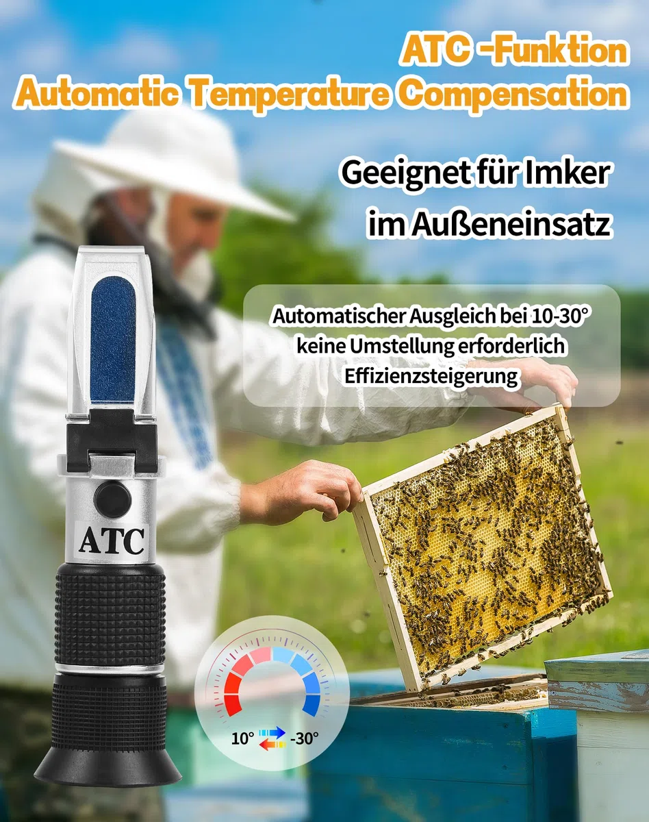 2 in 1 Honig Refraktometer mit ATC Imker Refraktometer Brix 58-90% Wassergehalt im Honig 12-32% Refractometer Honig Handrefraktometer für Honig Zuckersirup Fruchtmarmelade Melasse