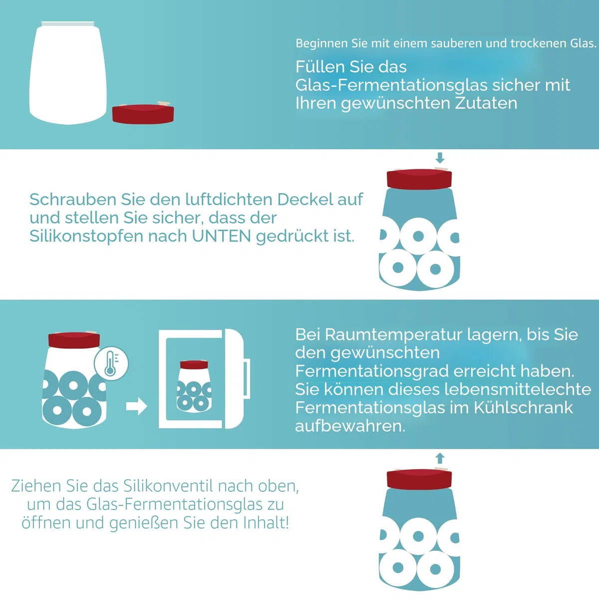HEFTMAN Gärglas mit 1-Wege-Luftablassöffnung - 1 Liter 2er-Pack Lebensmittelecht Fermentierglas für Kefir, Kimchi, Sauerkraut, Sauerteigstarter, Overnight Oats - Gärgläser 2 Stück (Rot)