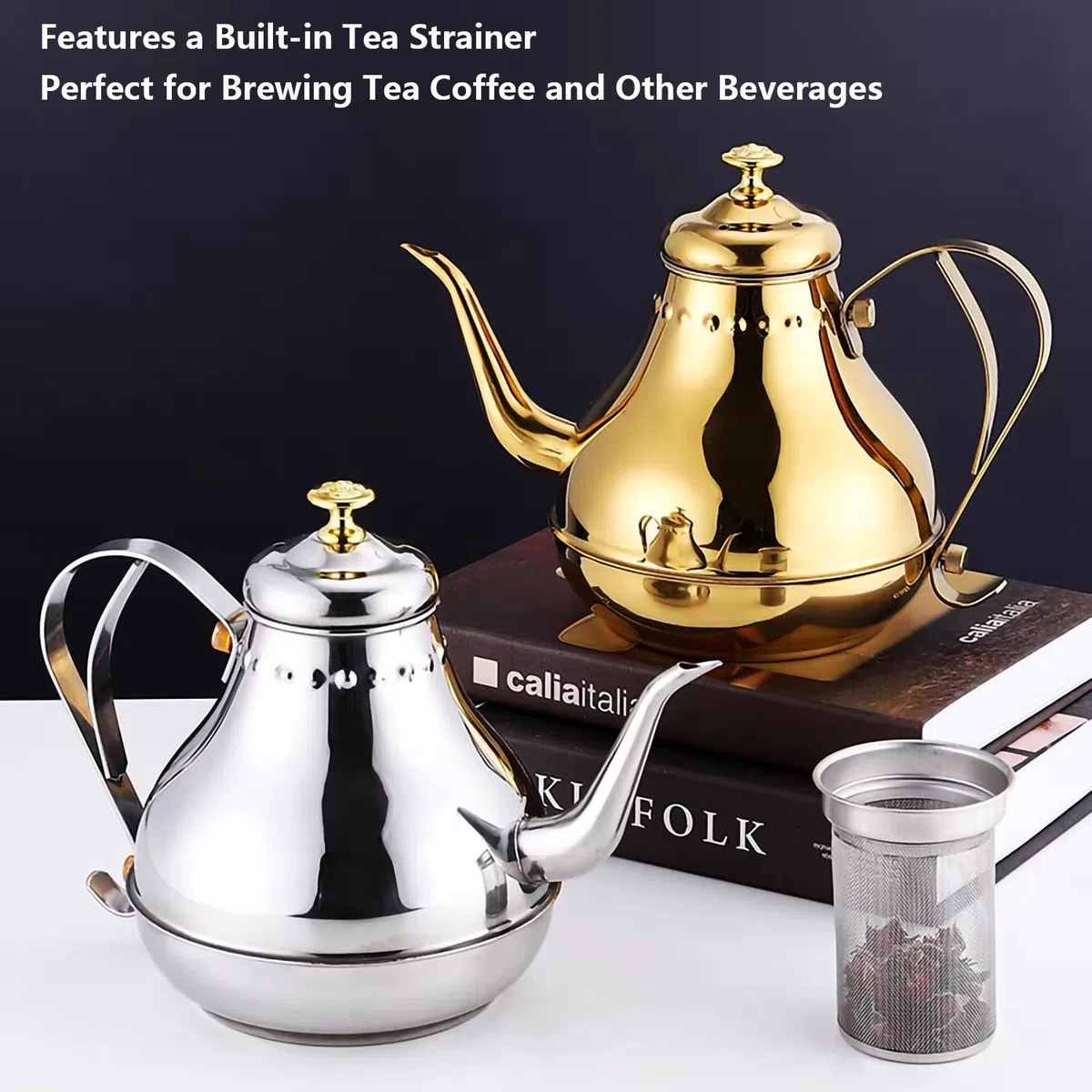 Royal Schwanenhals Teekessel Edelstahl Große Kapazität Multifunktionale Kaffeekanne mit eingebautem Sieb (Gold, 1800ml)