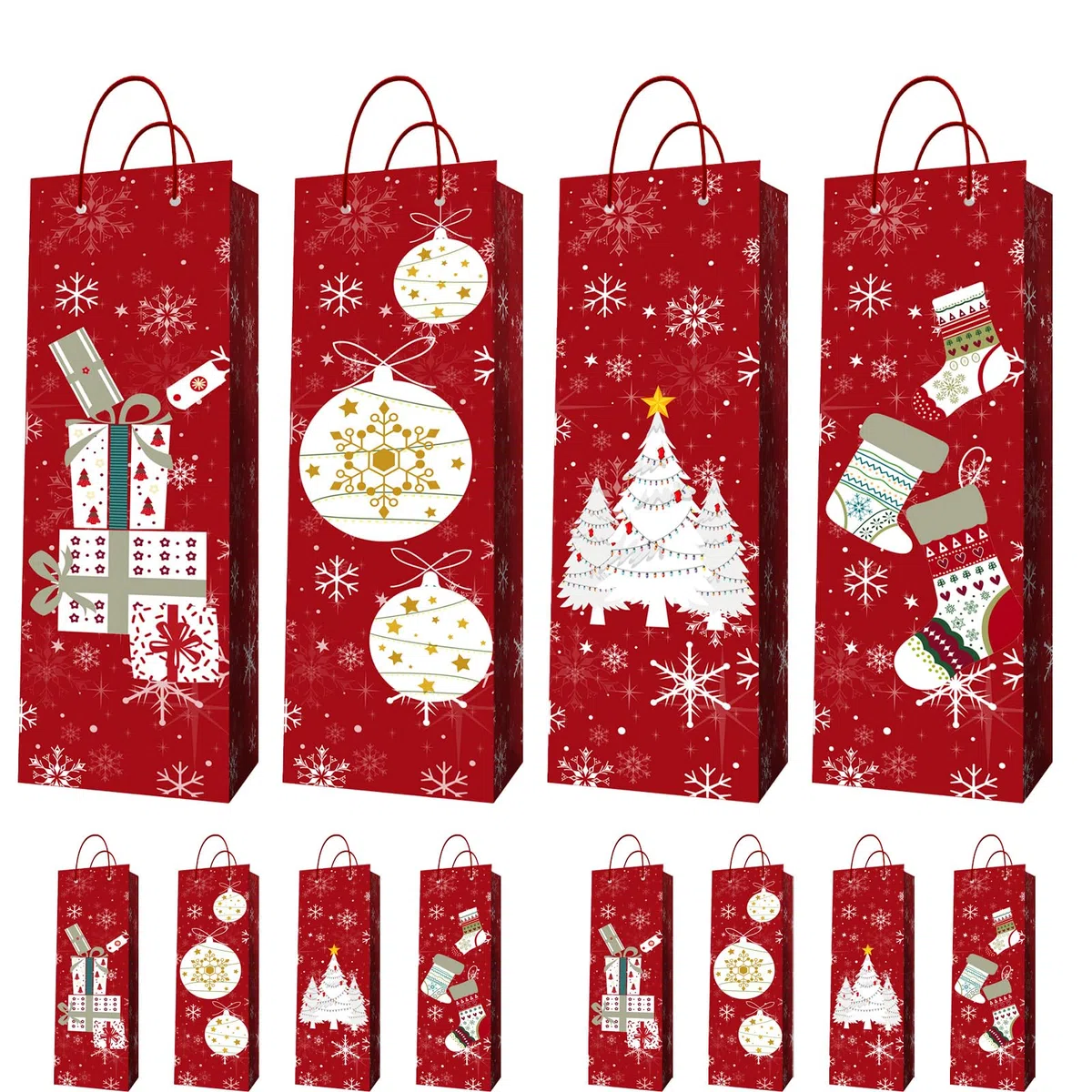 MORAINJAY 12 Stück Weihnachts Flaschentaschen, Geschenktüten für Wein Spirituosen mit Griff, Geschenkverpackung für Flaschen, Flaschenbeutel Weihnachtsgeschenke