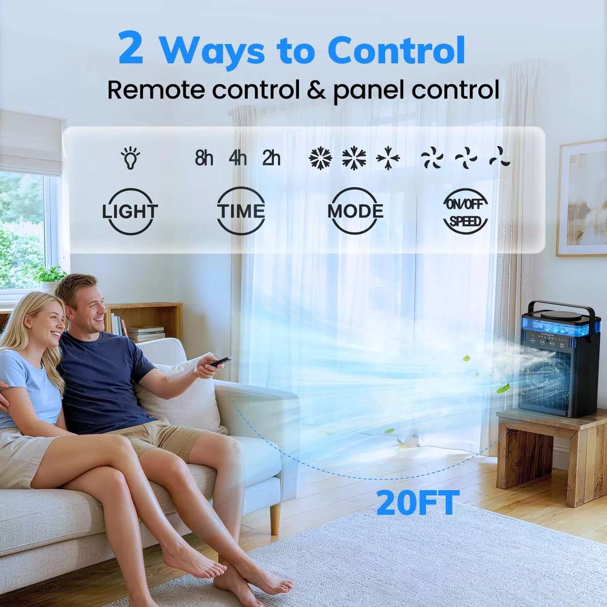 Tragbare Klimaanlage, Mini Klimaanlage Tragbare AC Einheit mit Fernbedienung, 3 Geschwindigkeiten & 3 Nebel, 2-8H Timer & 7 Licht, Verdunstungsluftkühler Ventilator für Zimmer Büro Schreibtisch Home