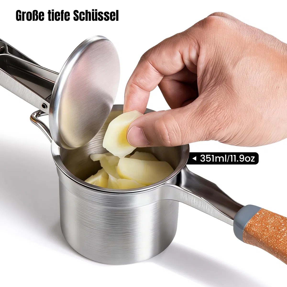 Kartoffelpresse Edelstahl mit fester Scheibe, Robuster Kartoffelstampfer mit Holz-Kunststoff-Griff, Inkl. Keramikschaber, Silikonspatel & Reinigungsbürste für Kartoffelpüree