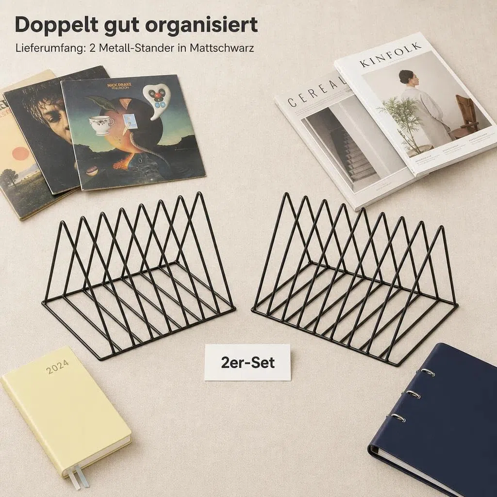 Schallplattenständer,Dreieckiger schallplattenständer,Buchstütze,Zeitschriftenständer,Buch-Organizer,zum Aufbewahren von Büchern,Fotoalben und Zeitschriften,9 Fächer(2 Stück)