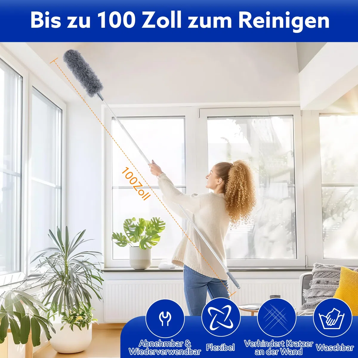 Wlich 8 Teiliges Staubwedel Teleskop Mikrofaser, Staubwedel Lang Ausziehbar mit Teleskopstange bis 250cm Staubwischer Waschbar für Spinnweben Hohe Decken Lücken, Wiederverwendbares Reinigungsset