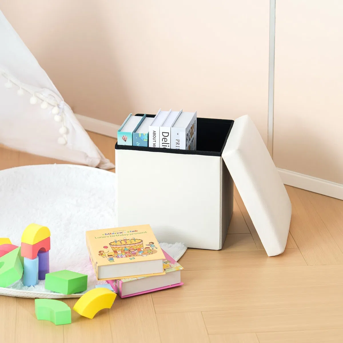 Bonlife Weiß Pouf Hocker Imitationsleder Kiste mit Deckel Sitztruhe Schlafzimmer Möbel Faltbare Truhe Aufbewahrung Maximale Belastung 150kg 30x30x30cm