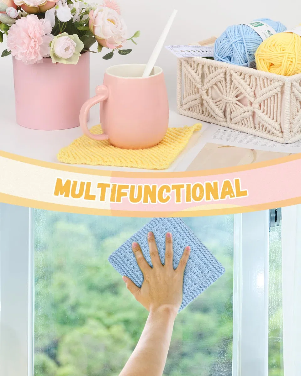 Aeelike 4 Muster Strickset für Anfänger, Strick Lumpen Set mit Stricknadeln 5,0mm, 5Ply Strickgarn, Zubehör, Praktisch und schön Lappen Strickset mit Anleitung, Strickn für Anfänger Profis Set Hell