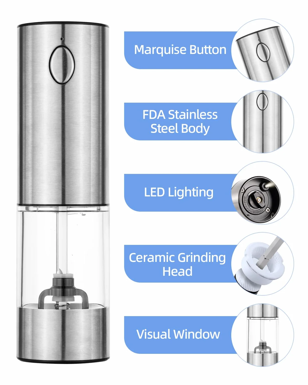 Elektrische Salz- und Pfeffermühle, Stufenlos einstellbarer Keramikmahlwerk aus Edelstahl, wiederaufladbar per USB, mit Bürste und Sichtfenster, Silber