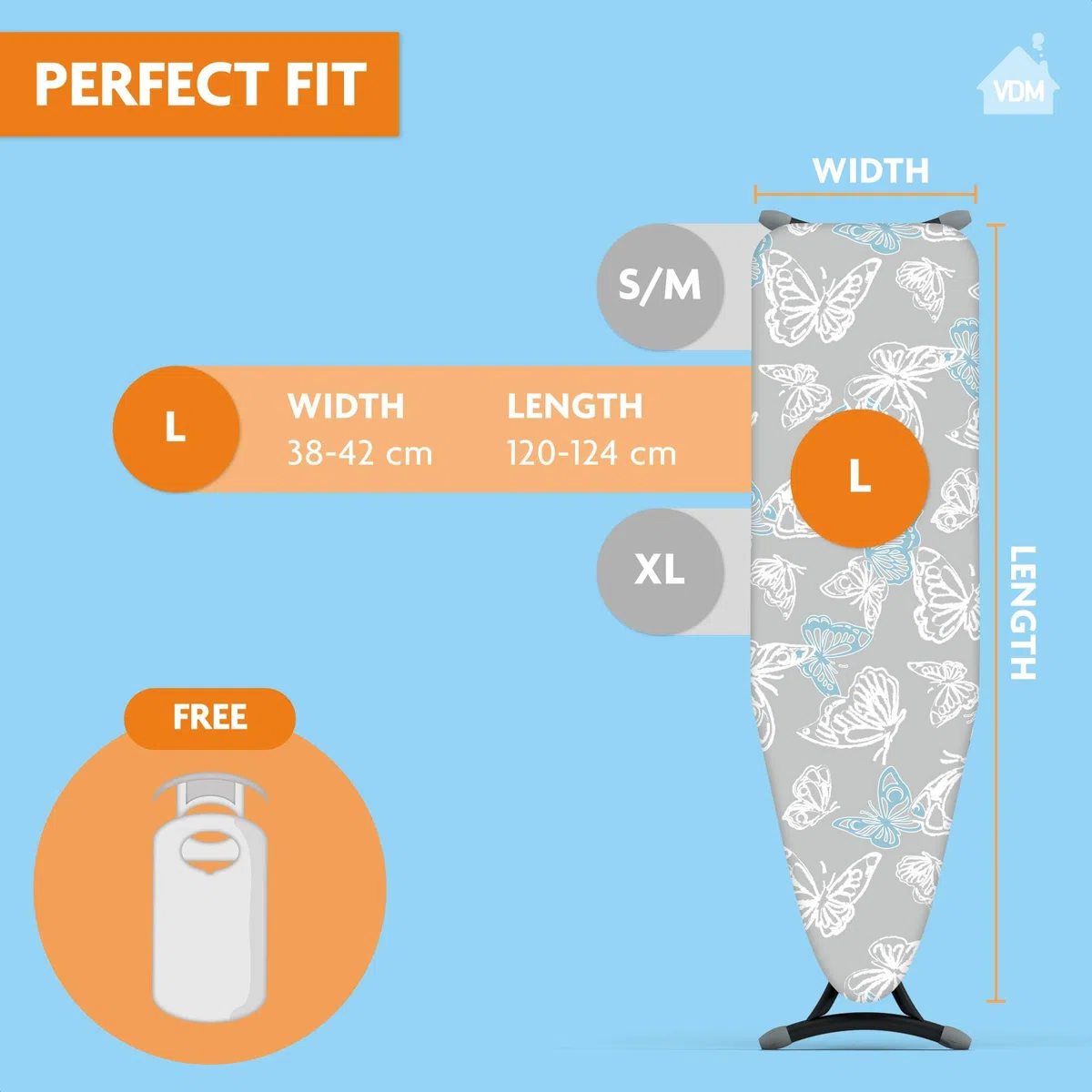 Comfort Größe S/M (T1) Bügelbrettbezug aus 100% Baumwolle mit extra Dicker Molton-Schicht. Für alle kleinen und mittelgroßen Bügelbretter und alle (Dampf-) Bügeleisen geeignet