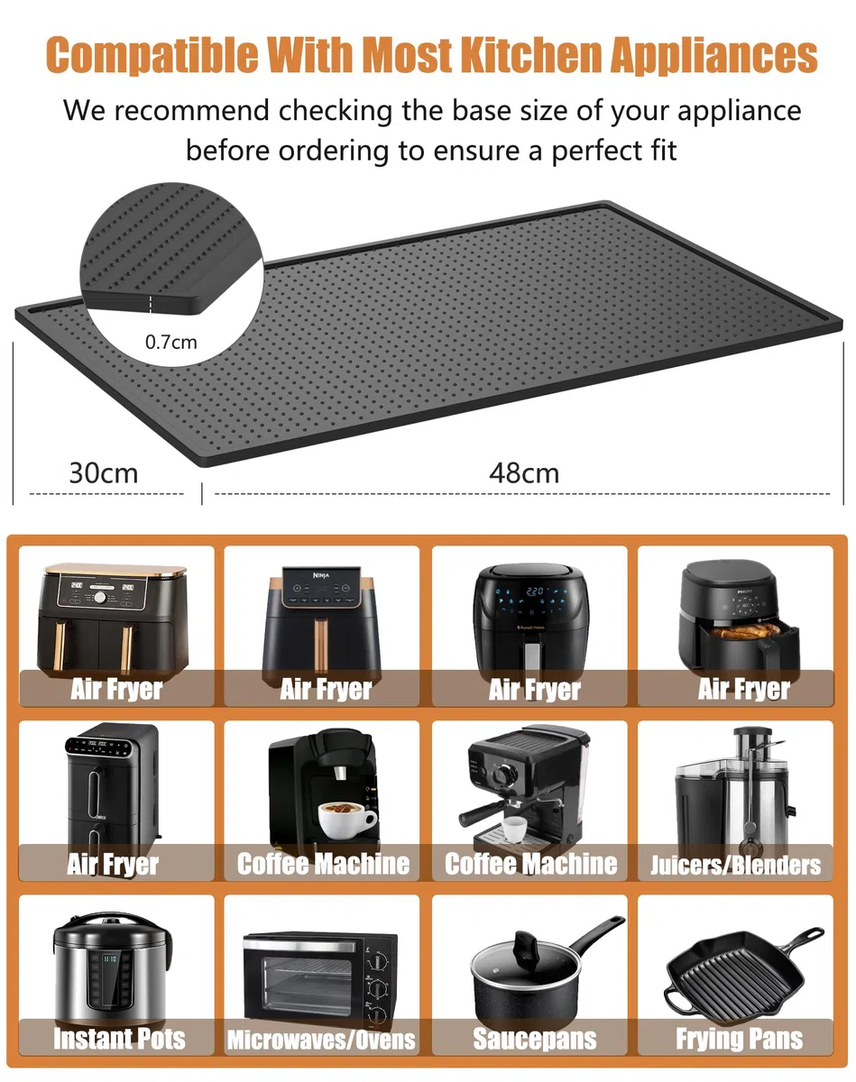 Hitzebeständige Unterlage Silikonmatte für Heißluftfritteuse Hitzeschutzmatte Feuerfeste Unterlage für Küchenarbeitsplatten Gleitmatte für Ninja Philips Airfryer Kaffeemaschine, 48 * 30cm (1-Stück)