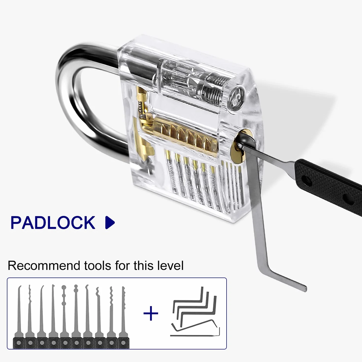 Lockpicking-Set, 34-teilig, Trainingswerkzeuge mit 3 transparenten Vorhängeschlössern, Lockpicking-Kit, bequemer Silikongriff, für Schlösser Anfänger und Profis
