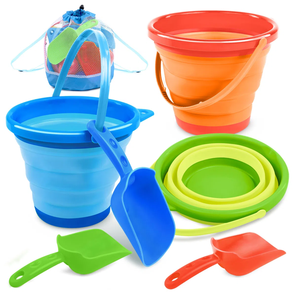 JOYIN 3 Pack Runde, Faltbare Eimer mit Schaufeln und Netzbeutel, Faltbare Eimer für Verschiedene Zwecke am Strand (Orange/Blau/Grün)