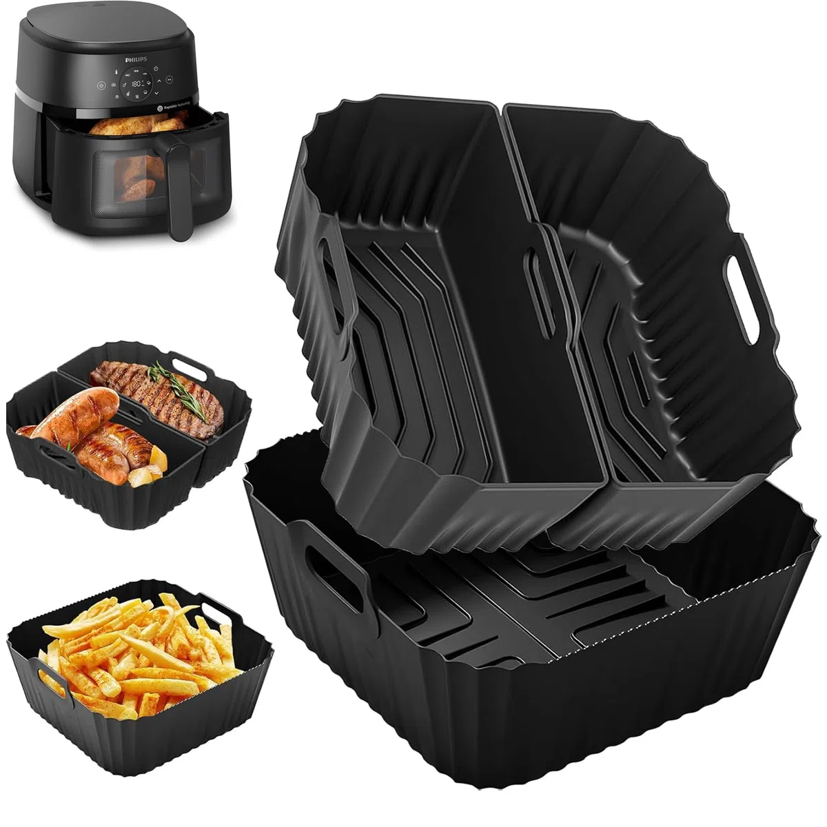 3 Stück Airfryer Silikonform für Heißluftfritteuse, Air Fryer Zubehör Wiederverwendba Silikon Einsatz, Heißluftfritteuse Zubehör für Ninja AF180, Philips 2000 Series(NA230/00), Russell Hobbs 4L 4,3L