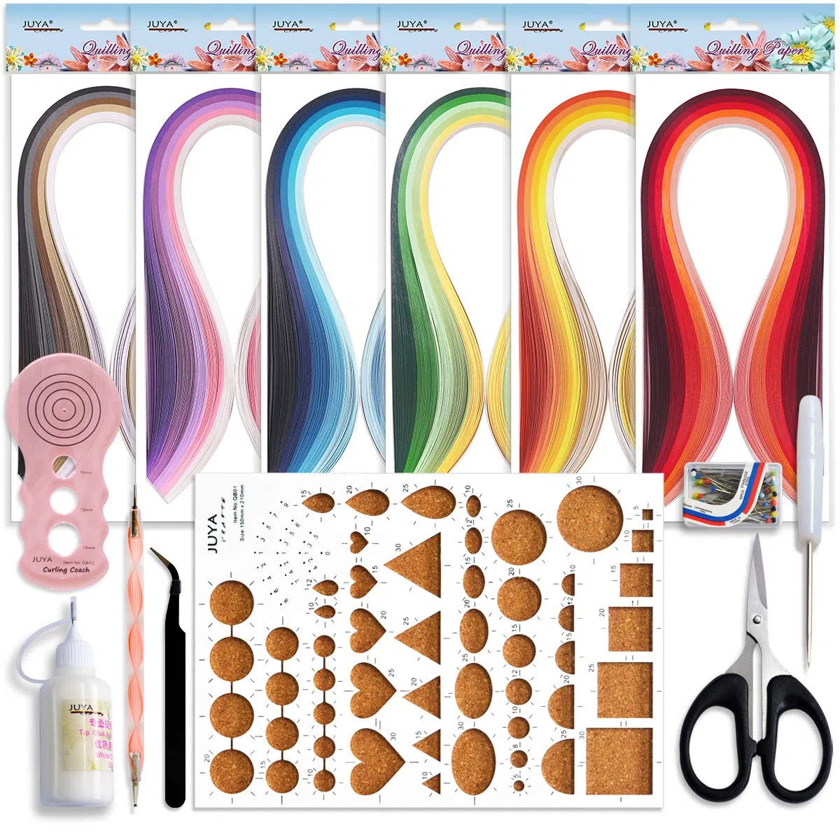 JUYA Papier Quilling Kits QK11 mit 30 Farben 600 Strips und 8 Werkzeuge (Rosa Werkzeuge, Breite 5mm Kleber haben)