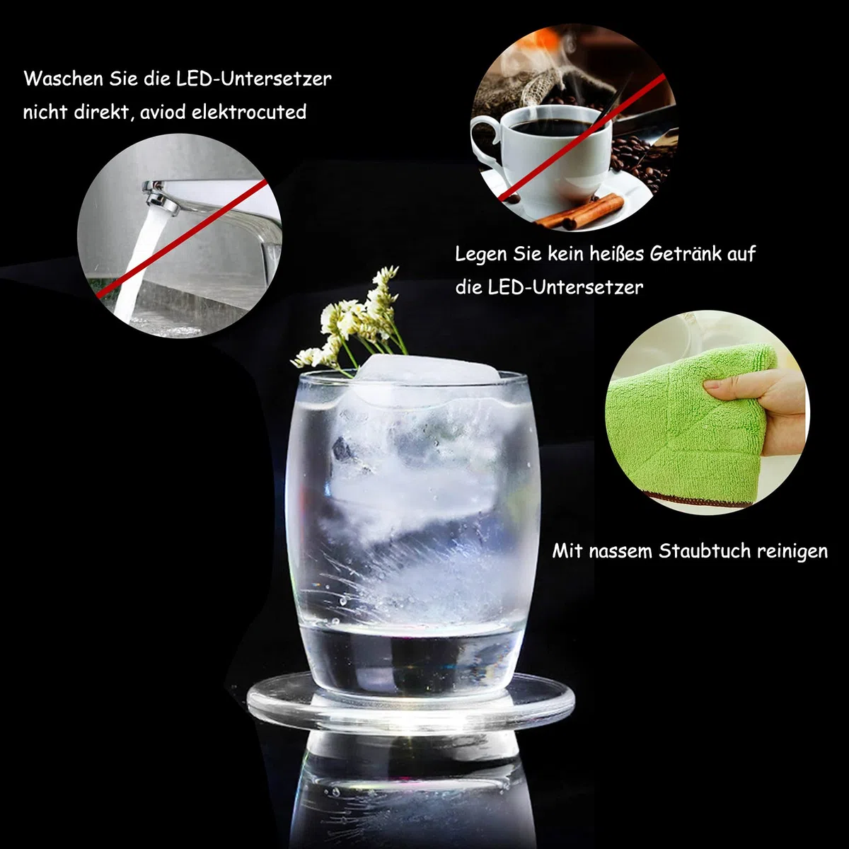 4er-Set Kühle Weiß LED Untersetzer für Getränke, ON/Off Wasserdicht Rund Untersetzer Acryl für Gläser Flaschen Partys Hochzeiten Bar Weihnachten Pub