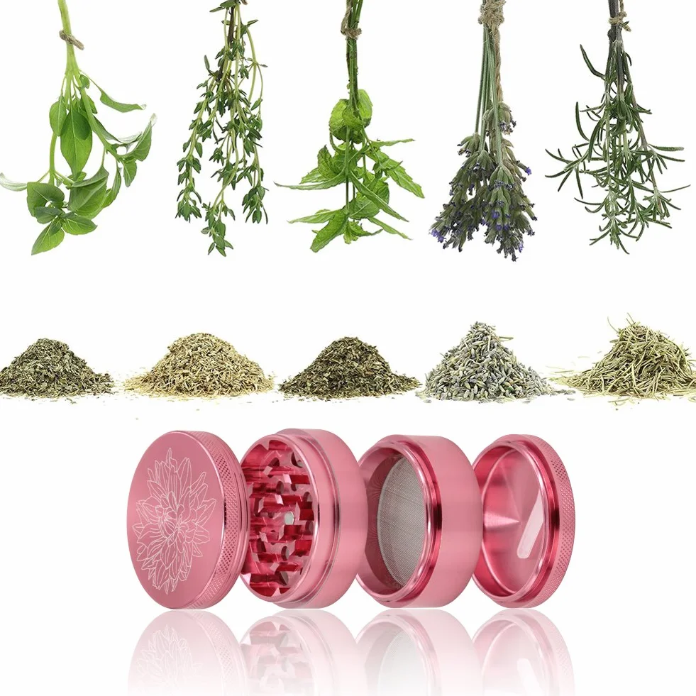 DCOU Premium Aluminium Grinder Crusher mit Blumen auf dem Deckel Magnetisch Ø55mm Metall Spices Grinder 4 Teilig