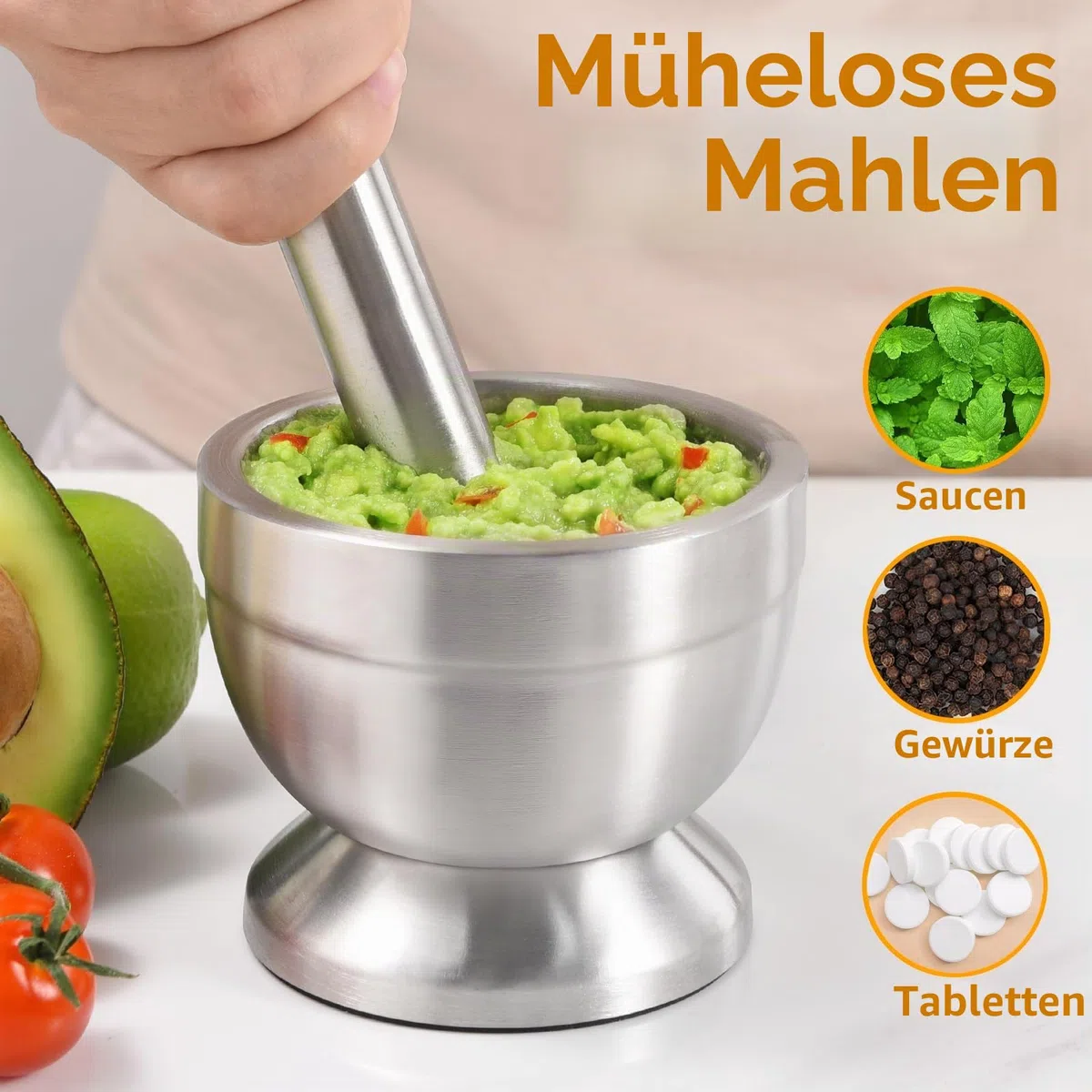 Sopito Mörser mit Stößel, 250ml Mörser mit Stößel Klein Edelstahl Lebensmittelecht Pestle and Mortar Stainless Steel, 10cm (3.9") Durchmesser