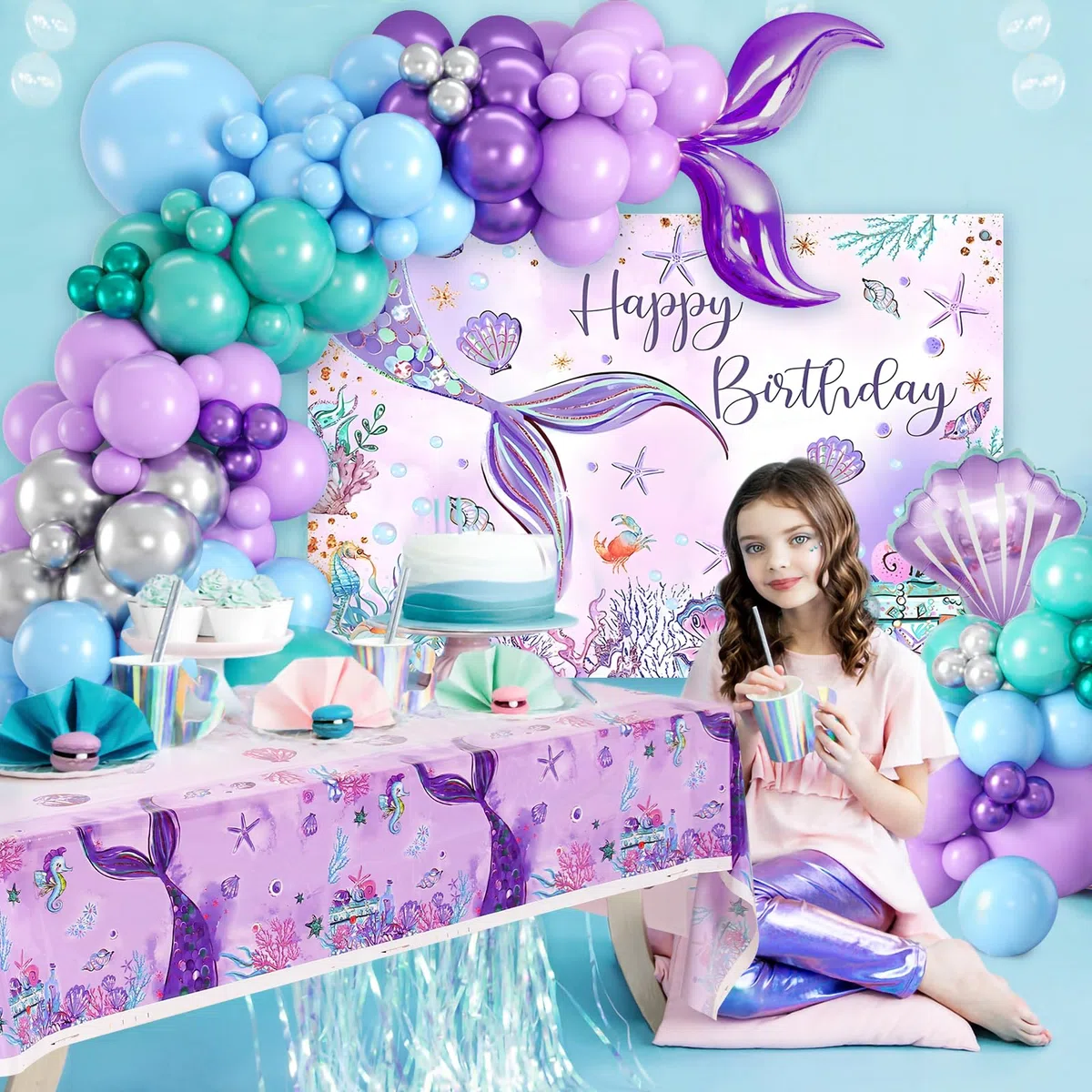 Meerjungfrau Geburtstag Deko Set - 109pcs Meerjungfrau Luftballon mit ballons Lila Blau Mermaid Tail, Meerjungfrauen Tischdecke Hintergrund für Ariel Deko Geburtstag Mädchen, Meerjungfrauen Deko