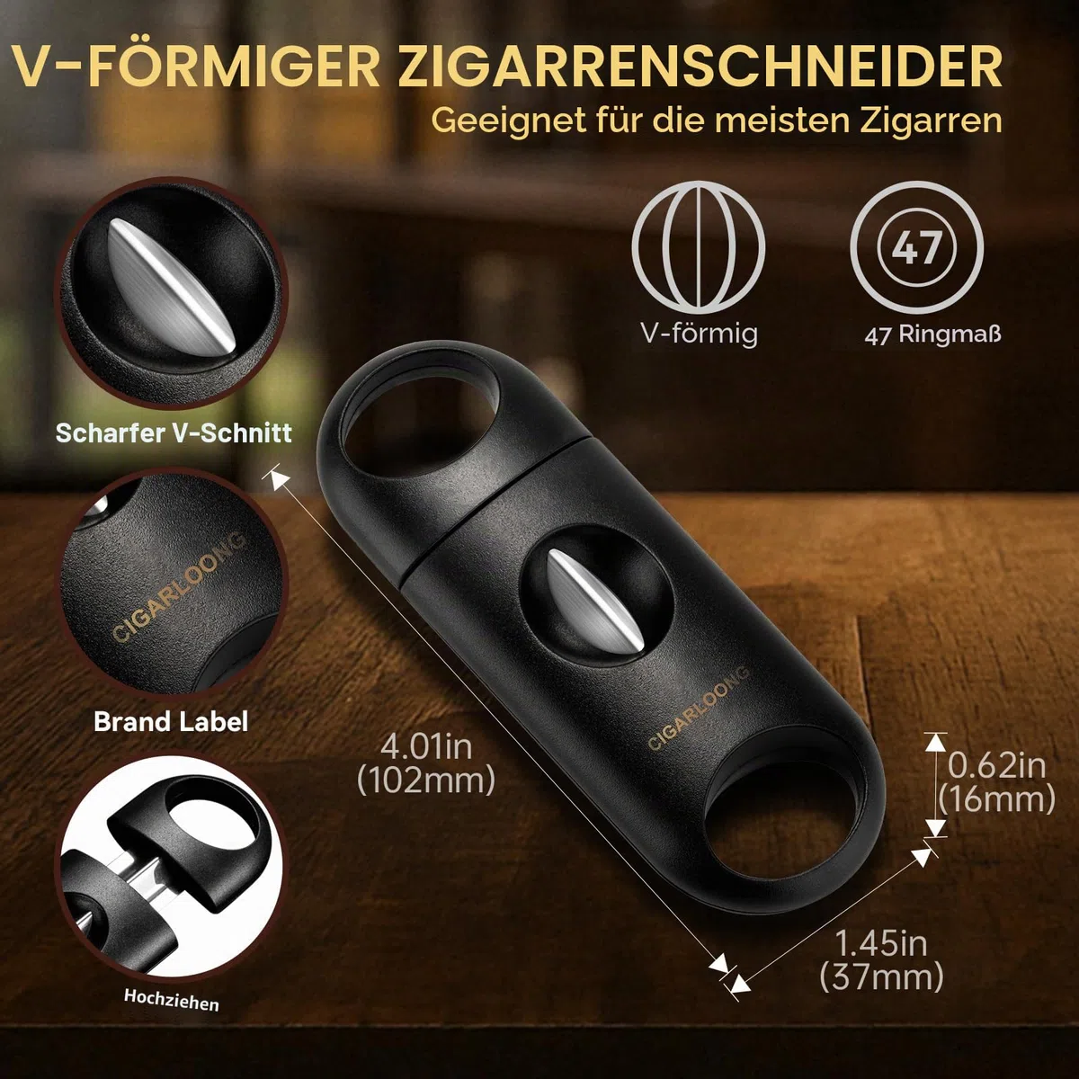 CIGARLOONG Zigarren-Aschenbecher- und -Beschneider-Set. Keramischer Aschenbecher mit V-Beschneider, Guillotine-Beschneider und Zigarrenstich. Ein Zigarrenzubehör-Set,Geschenk für Männer (Schwarz)